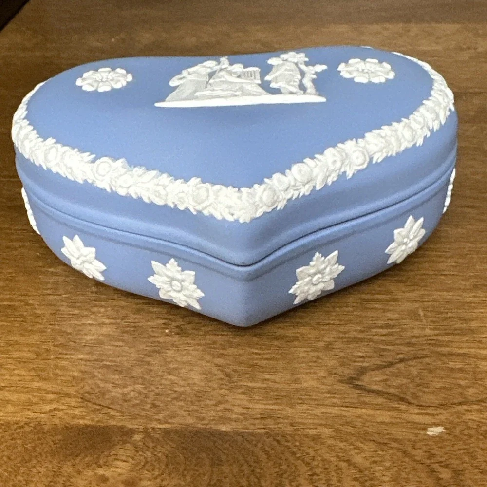 Wedgwood Lidded Trinket Box Jasperware Blue and White Jewelry Box Heart Shaped